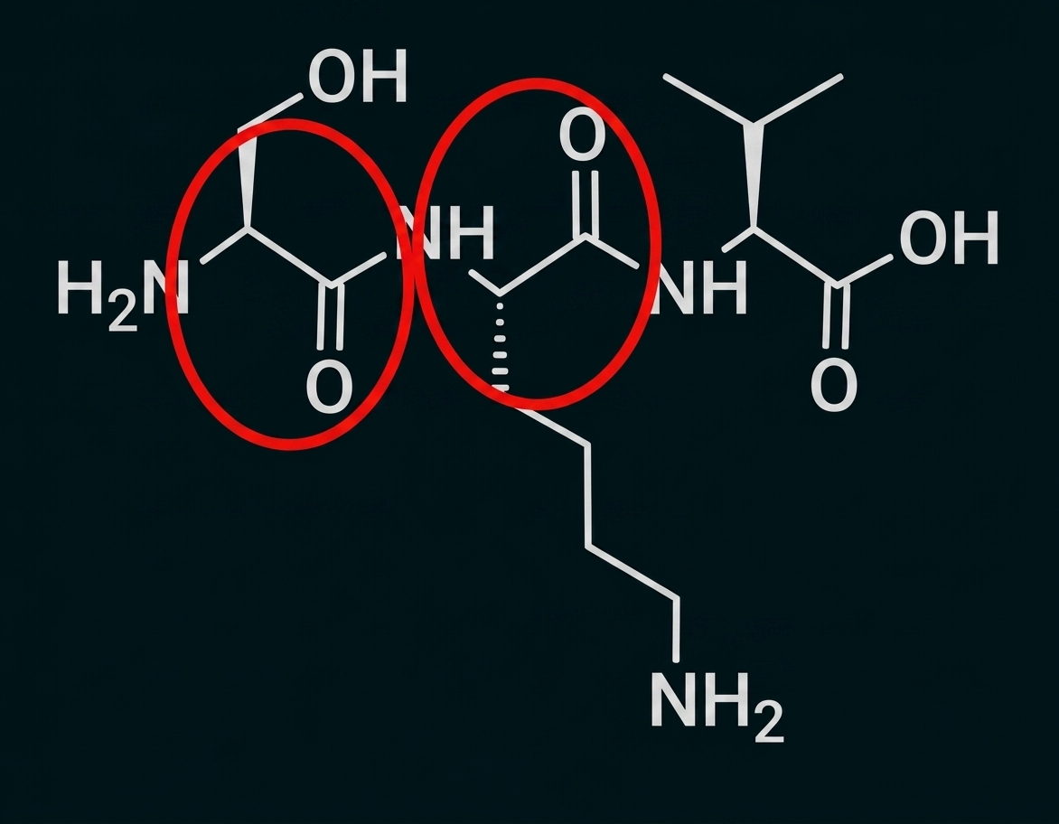 Chemische Strukturformel eines Moleküls mit markierten Bereichen in Rot.